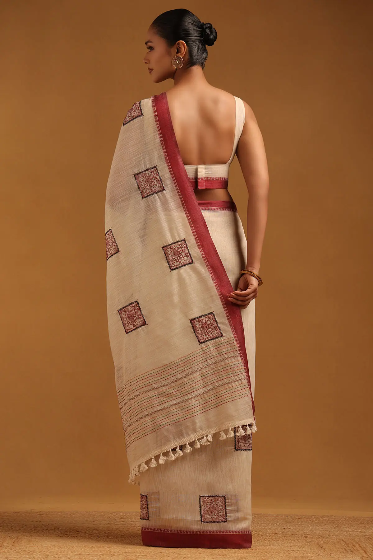 Maroon Chanderi Warli Saree With Thread Work